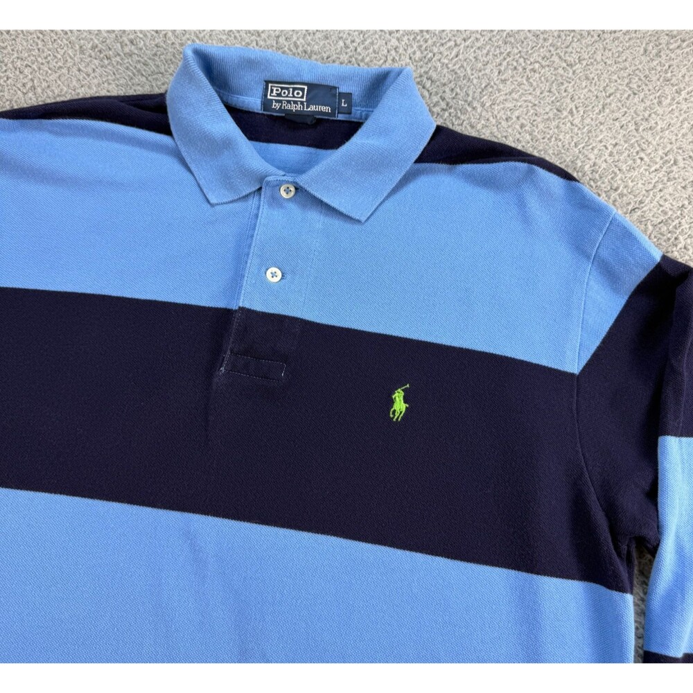 Polo Ralph Lauren Polo Shirt Mens Large Blue Navy Striped Cotton Long Sleeve Y2K
